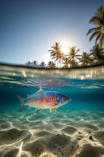 Un pez en el agua con palmeras al fondo.