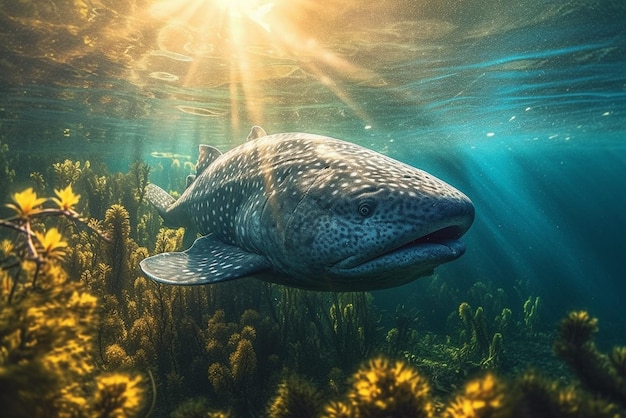 Un pez en el agua con el sol brillando sobre él.