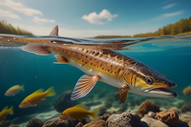 Un pez con aletas nada en el agua rodeado de paisajes naturales y biología marina