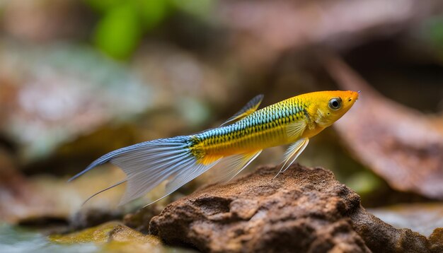 Foto un pez amarillo y azul está en una roca en el bosque