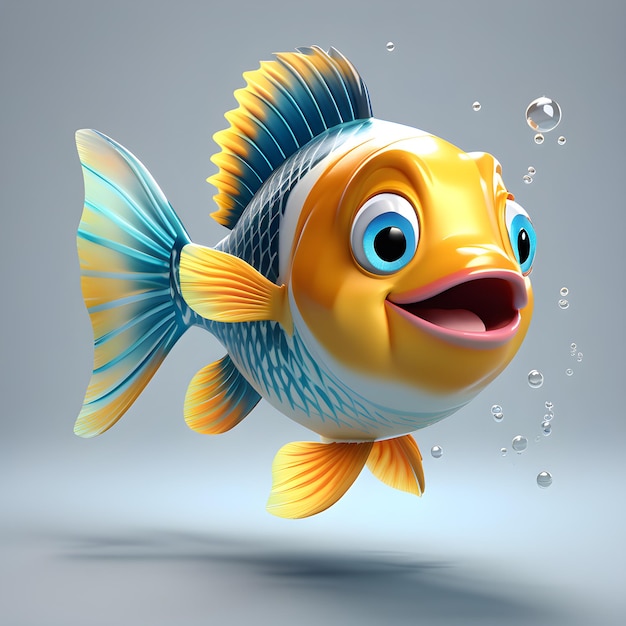 un pez amarillo con ojos azules y unos ojos azales y una cinta azul en su cabeza