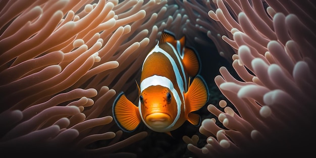 Un pez en una anémona con un arrecife de coral al fondo.