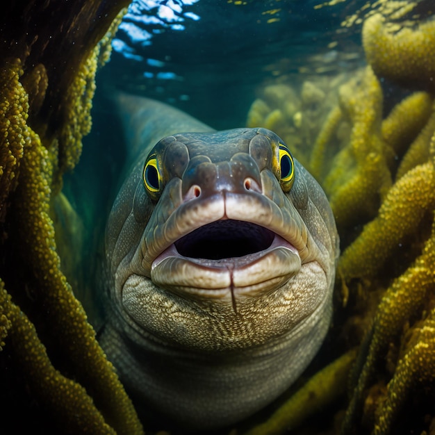El pez anguila moray se asoma por su agujero en el primer plano submarino de algas animal marino inusual