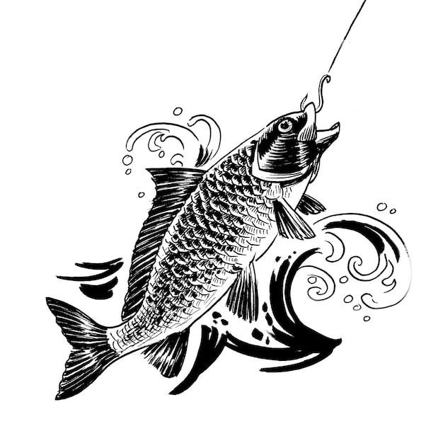 Un pez con un anzuelo que dice "carpa".