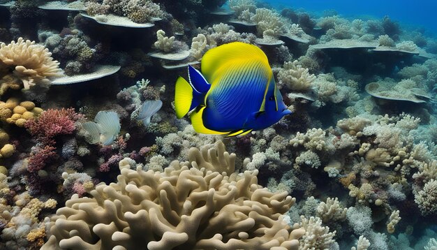 Foto un pez azul y amarillo está en un arrecife de coral