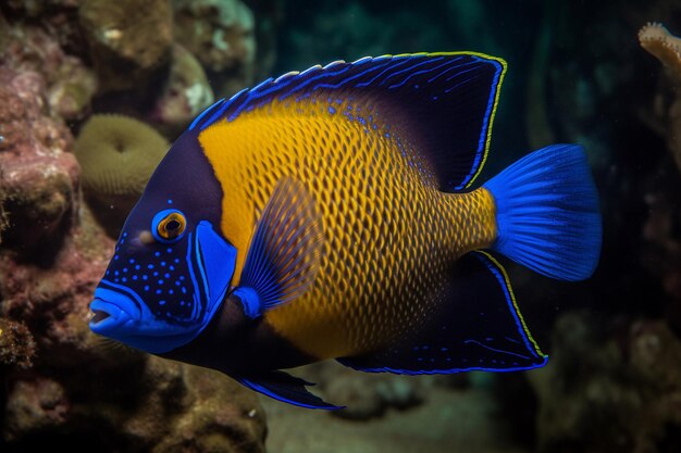 Un pez azul y amarillo con cara amarilla y marcas azules.