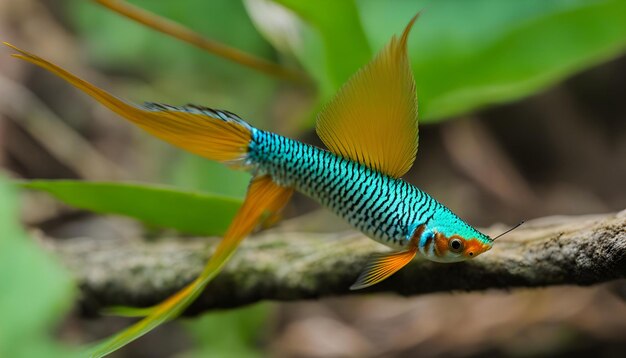 Foto un pez azul y amarillo con una cola azul y una cola verde y azul