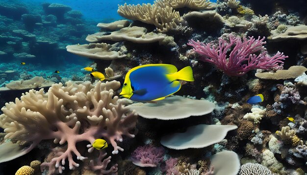 un pez azul y amarillo está nadando en un arrecife de coral