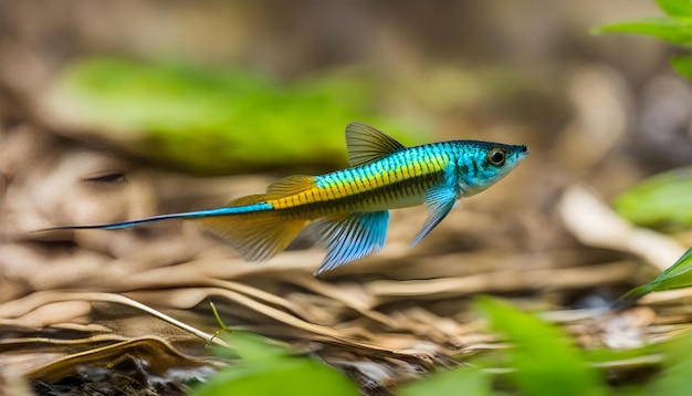 Foto un pez azul y amarillo está volando por el aire