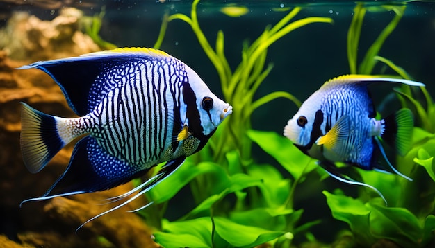 Foto un pez azul y blanco con una franja amarilla está en un acuario