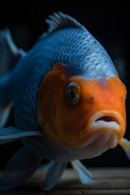 Un pez azul con una cara amarilla y un ojo negro.