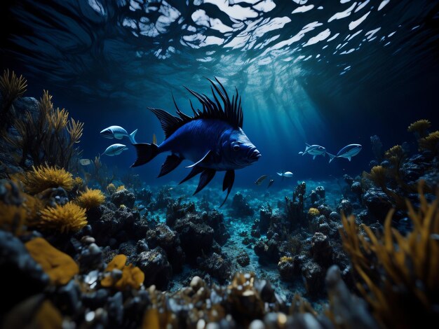 Un pez azul nadando bajo el agua