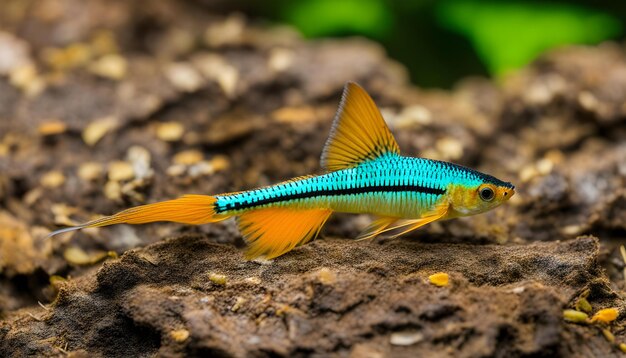 un pez azul y naranja con una cola azul se sienta en un tronco