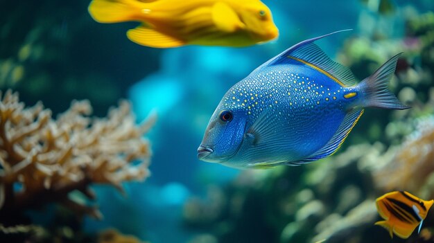 un pez azul con puntos blancos y un pez amarillo nadando en un acuario