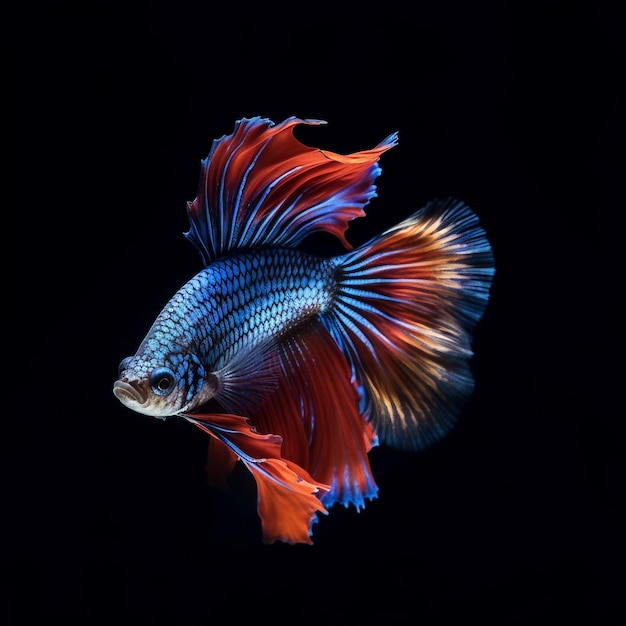 Un pez azul y rojo con un fondo negro y la palabra siamés en él