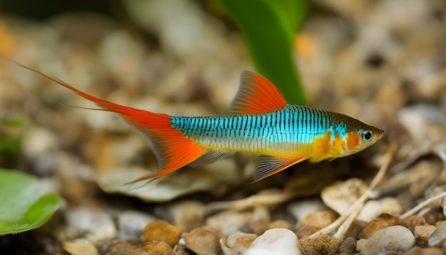 Foto un pez azul y rojo está en un tanque con rocas y guijarros