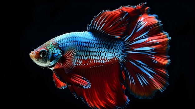 Un pez betta colorido con una cola azul y roja