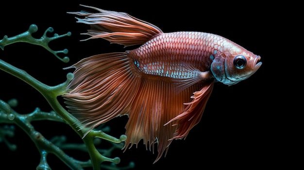 Un pez betta rojo y azul con un fondo verde