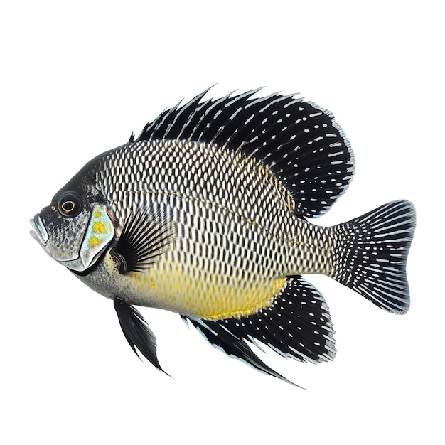 Un pez blanco y negro con rayas amarillas y un anillo amarillo alrededor del ojo.