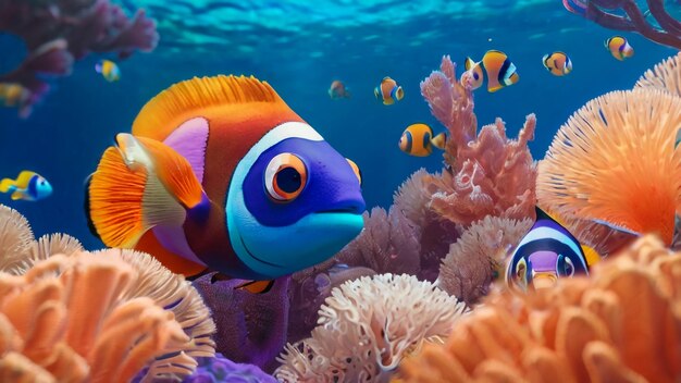 un pez con una cara azul se sienta en un acuario con otros peces