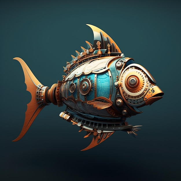 Un pez con cara de metal y cara de metal está pintado en azul y oro.
