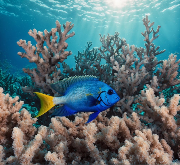 un pez con una cola amarilla se sienta en un arrecife de coral