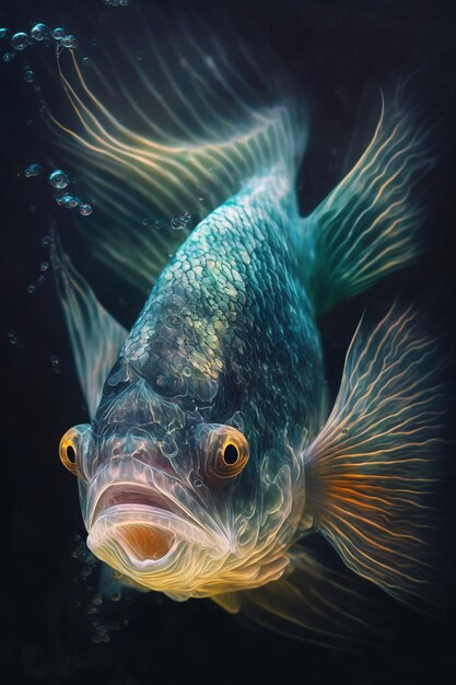 Un pez con cola azul y rayas amarillas en el cuerpo nada en el agua.