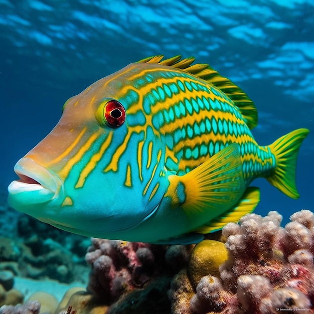 Un pez con una cola de rayas amarillas y azules nada en un arrecife de coral.