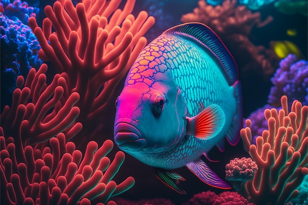 Un pez de colores en un arrecife de coral