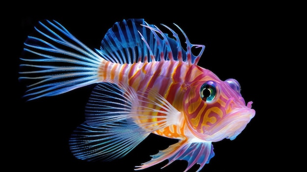 Un pez de colores con un fondo negro.