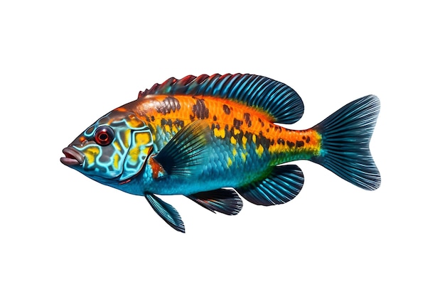 Un pez colorido con marcas azules y naranjas y una cola azul aislada en un fondo blanco