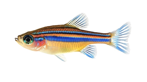 un pez colorido con rayas azules y naranjas