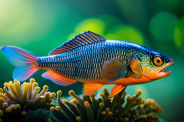 Foto un pez colorido está en un tanque con una cola de rayas azules y naranjas