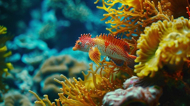 Foto un pez está en un coral con otras criaturas marinas a su alrededor