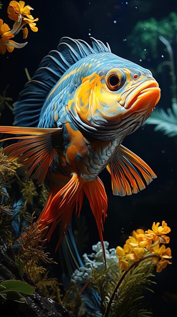 Foto un pez con un cuerpo amarillo y azul está en un acuario