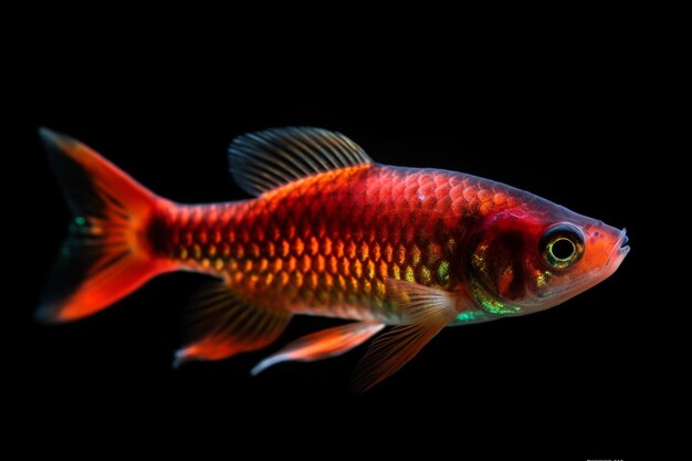 Un pez con un cuerpo rojo y naranja y un ojo verde.