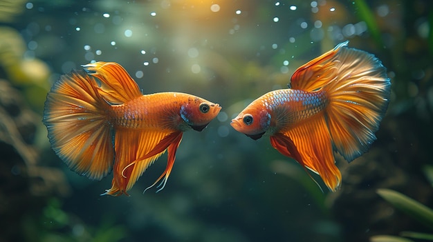 Un pez dorado en un acuario con la luz brillando en el fondo