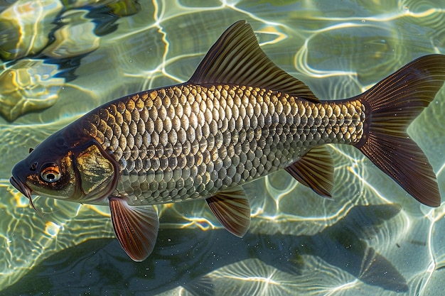 Pez dorado con escamas metálicas relucientes que se asemejan a piezas de oro nadando en aguas cristalinas