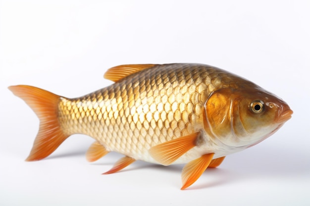 Un pez dorado está sobre un fondo blanco.