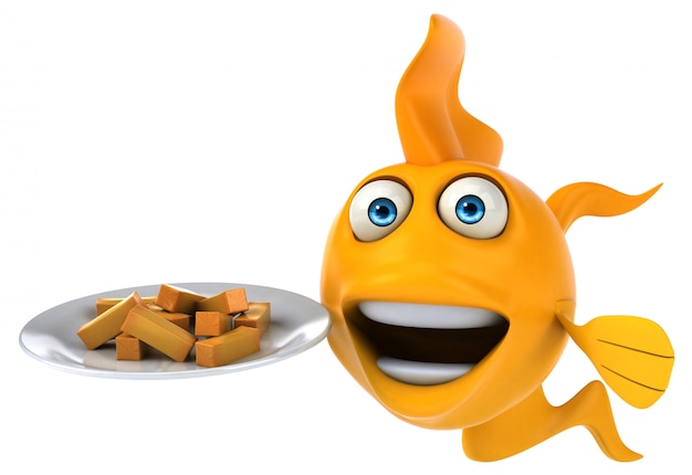 Foto pez dorado ilustrado divertido que sostiene un plato de papas fritas