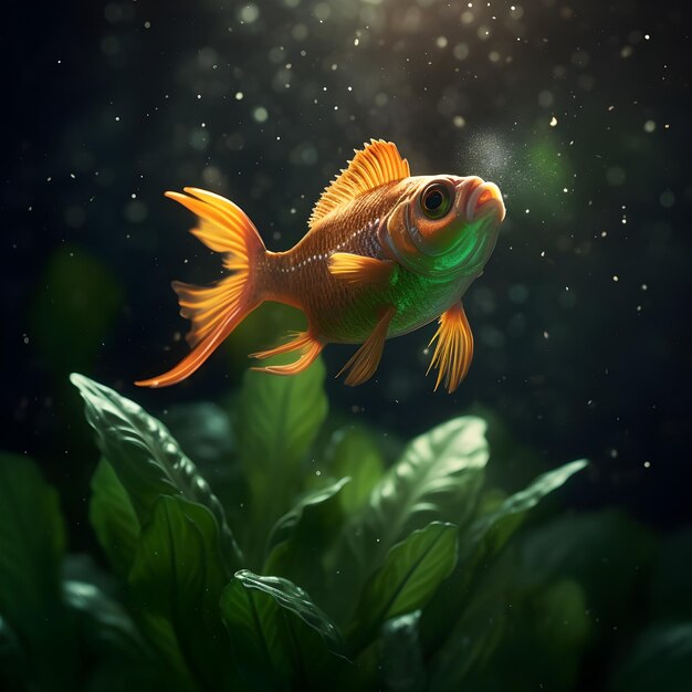 Un pez dorado con marcas verdes y naranjas y una cola verde.