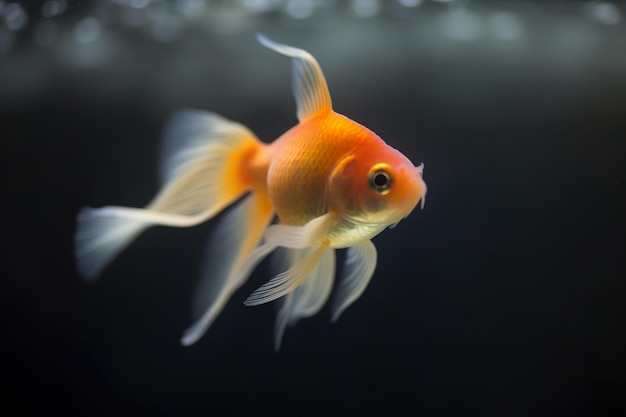 Un pez dorado nadando en un acuario con un fondo negro