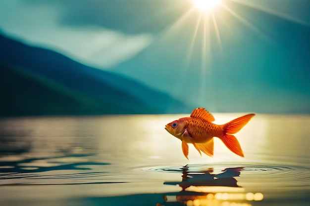 Foto un pez dorado nadando en el agua con el sol detrás de él