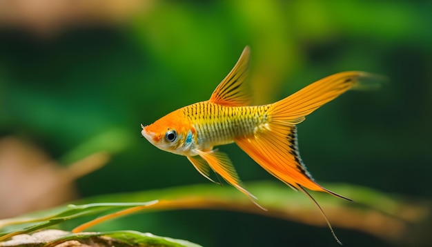 Foto un pez dorado está nadando en una planta verde