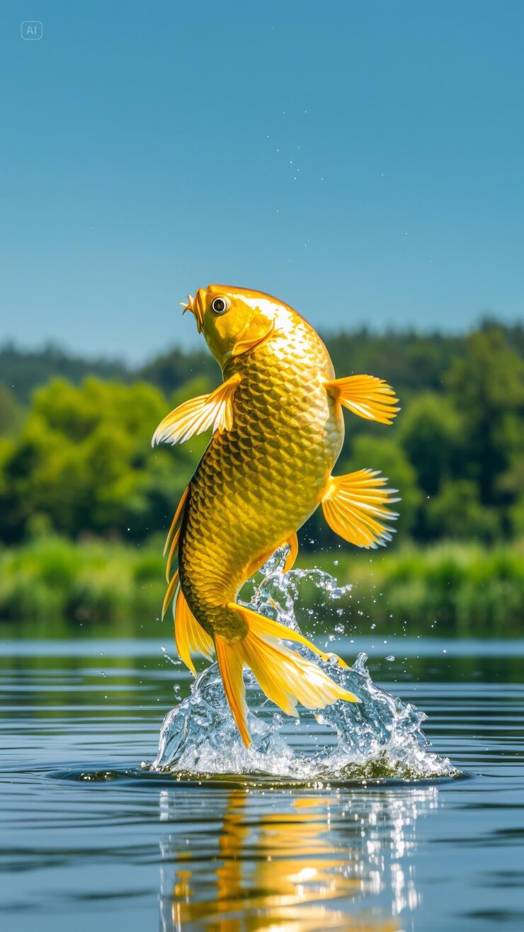 Pez dorado saltando fuera del agua