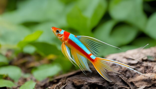 Foto un pez dorado está en un tronco con un fondo verde