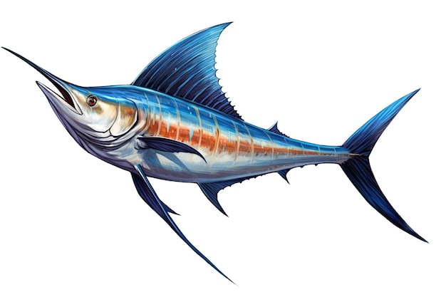 El pez espada marlín azul saltando sobre un fondo blanco
