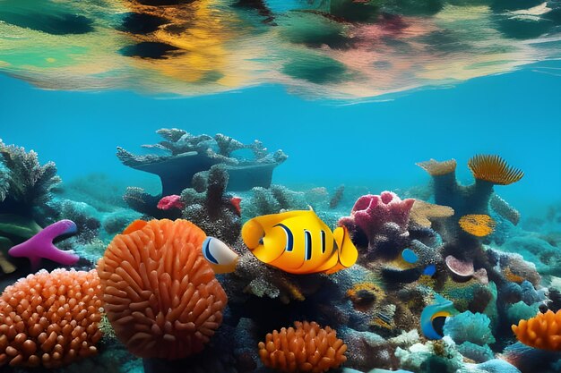 un pez está nadando al lado de un coral con un pez payaso en él