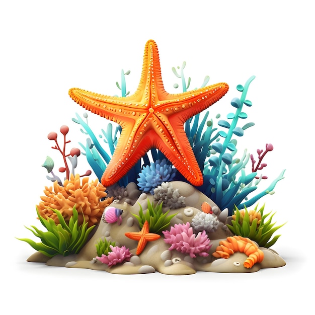 Pez estrella de dibujos animados 3d en el arrecife de coral aislado en blanco