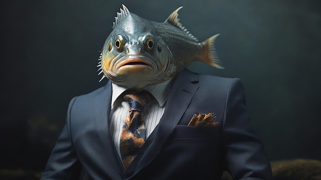 Foto pez gracioso en traje y corbata sobre un fondo oscuro